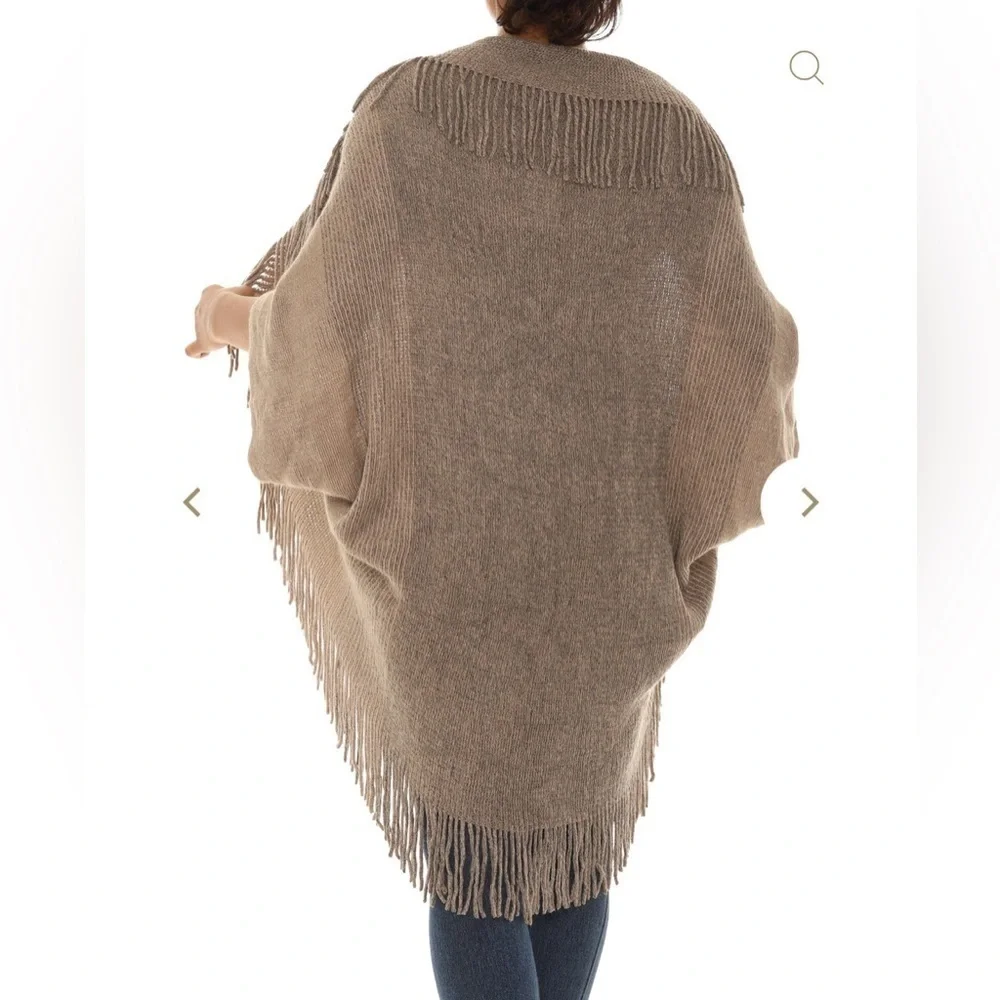 Ruggine Knit Fringe Poncho Shrug Wrap Taupe Brown Tan - Picture 5 of 12